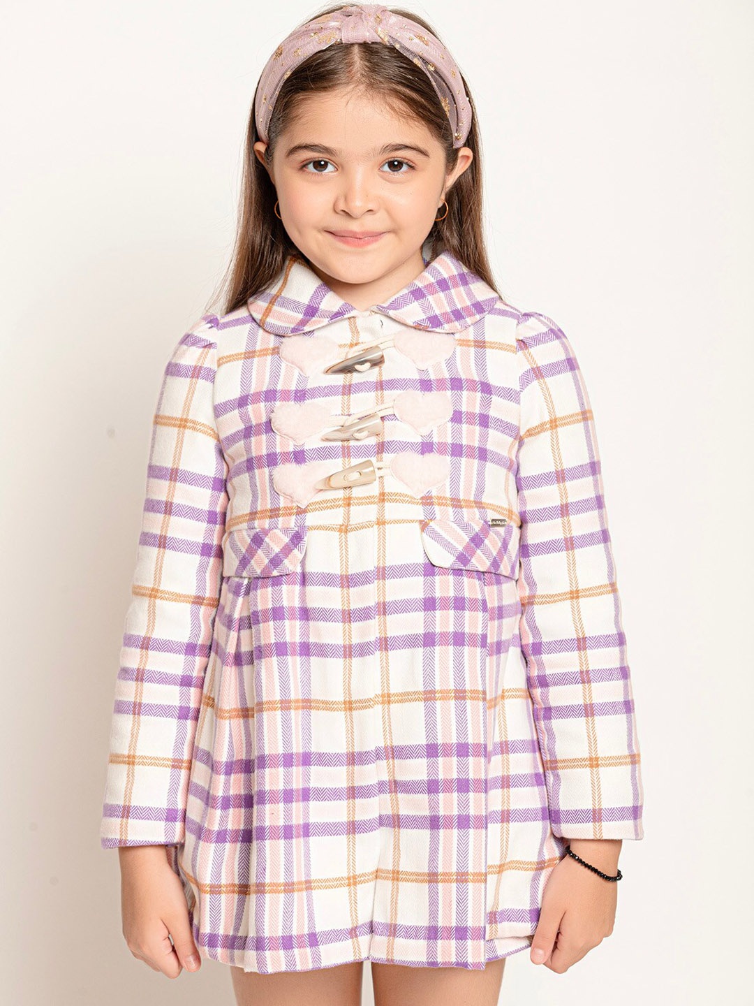 

One Friday Girls Checked Peter Pan Collar Toggle-Closure Duffle Coat, Off white