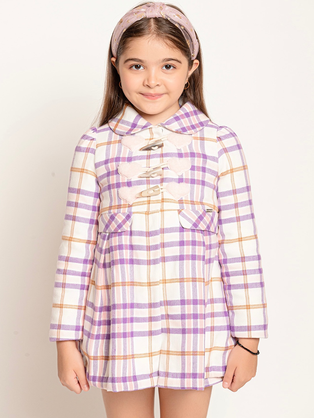

One Friday Girls Checked Peter Pan Collar Toggle-Closure Duffle Coat, Off white