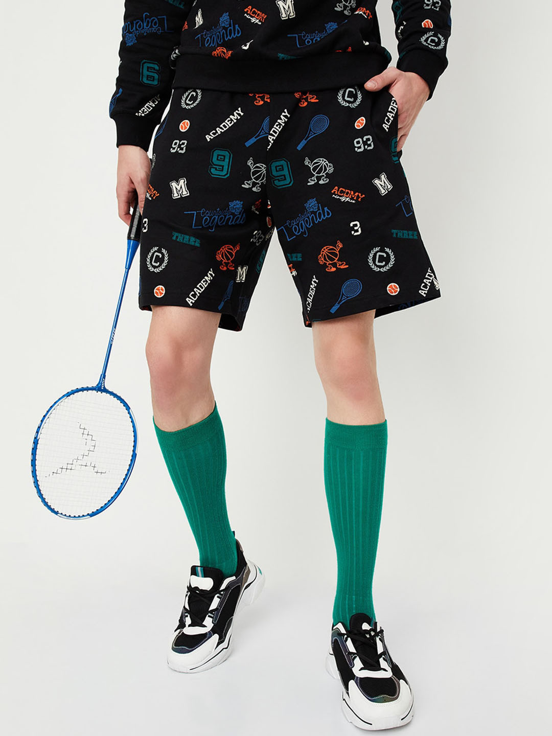 

max Men Graphic Printed Mid Rise Pure Cotton Shorts, Black