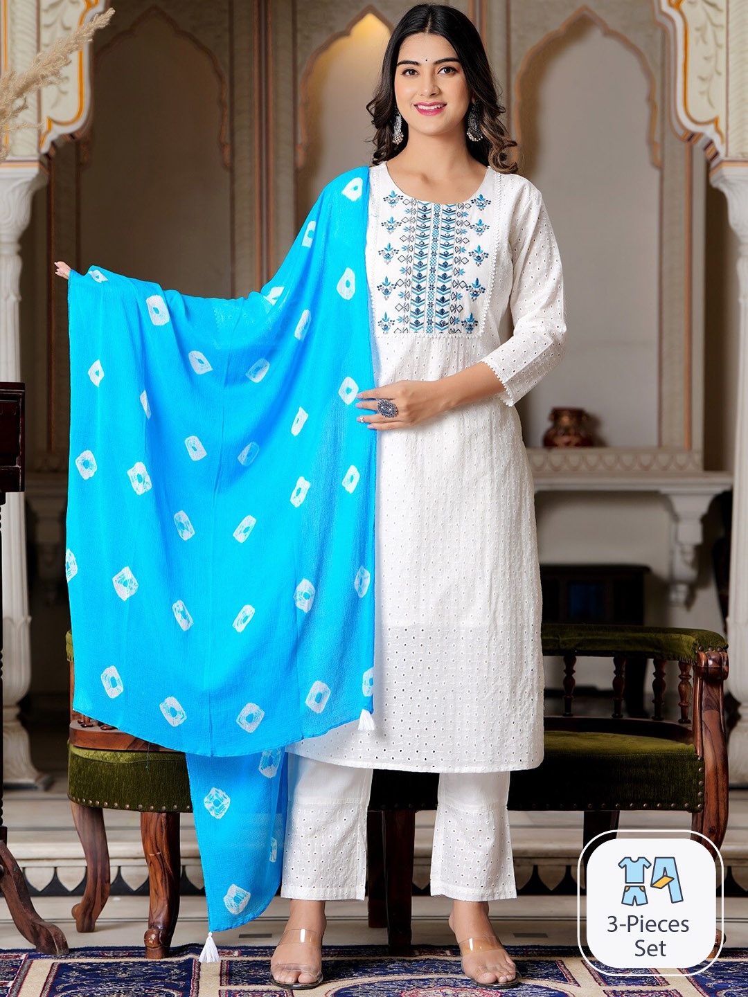 Hatheli Floral Embroidered Pure Cotton Kurta with Trousers & With Dupatta, White