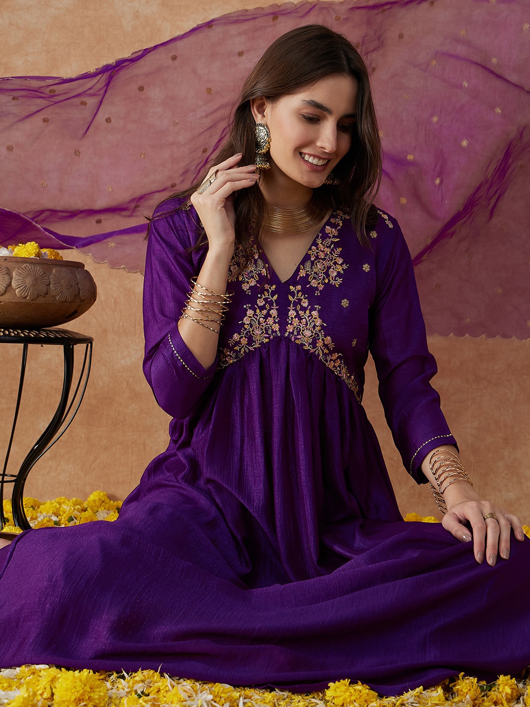

Sangria Ethnic Motifs Embroidered Anarkali Kurta With Palazzo & Dupatta Set, Purple