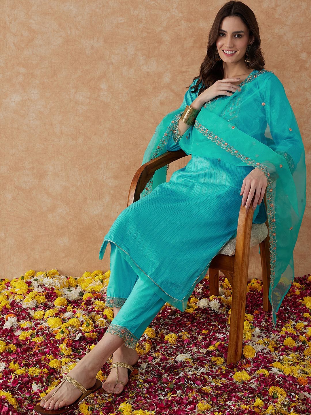

Sangria Turquoise Blue Floral Embroidered Sequinned Kurta With Trouser & Dupatta