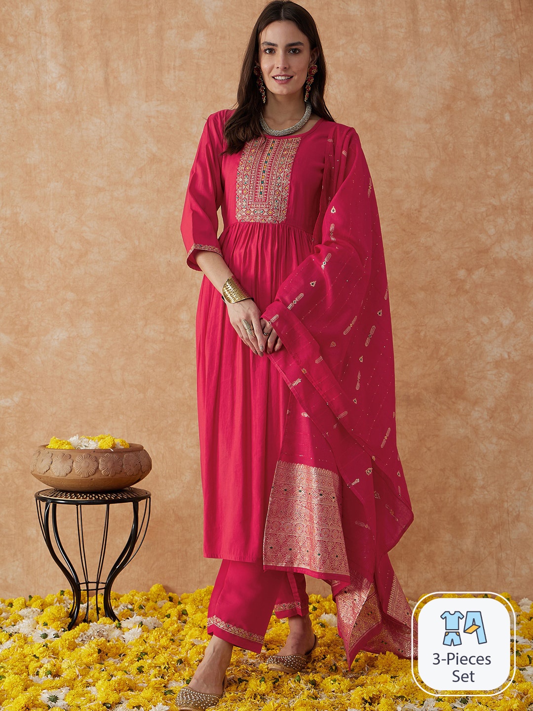 

Sangria Embroidered A-Line Kurta With Trouser & Dupatta, Pink