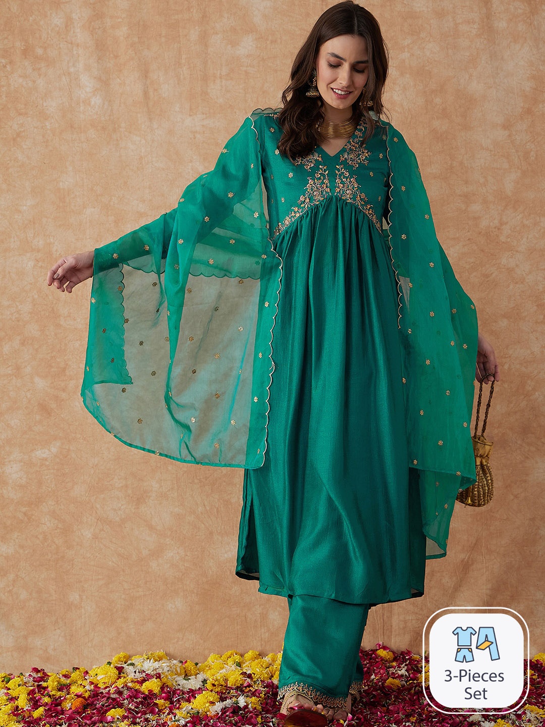 

Sangria Embroidered A-Line Kurta With Palazzo & Dupatta, Teal