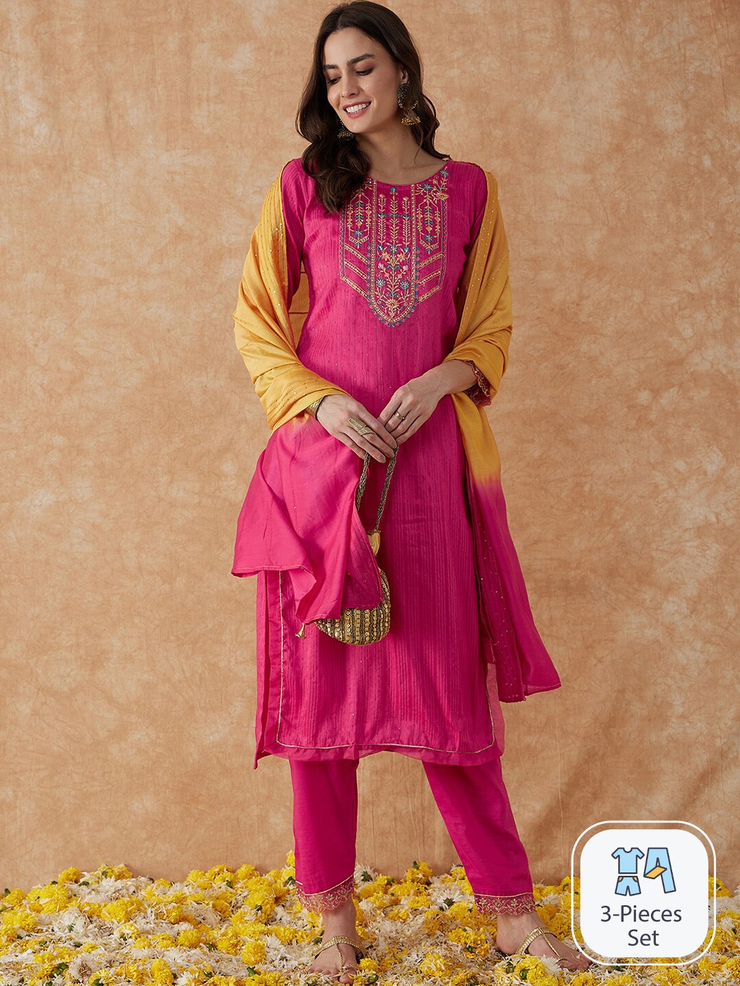 Sangria Ethnic Motifs Embroidered Sequinned Detailed Kurta & Trouser With Dupatta, Pink