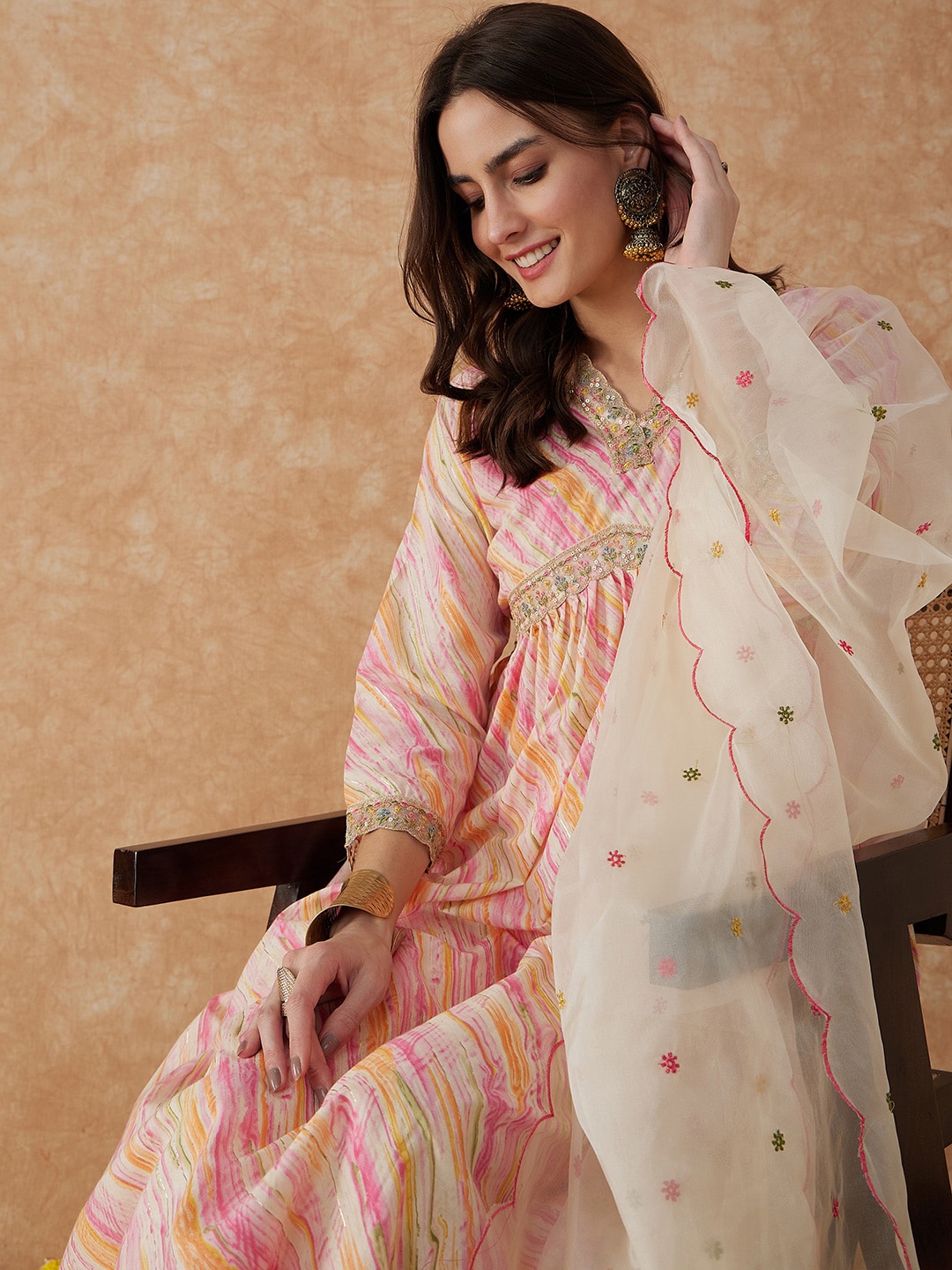 

Sangria Leheriya Printed Sequinned Detail A-Line Kurta & Trouser With Dupatta, Pink