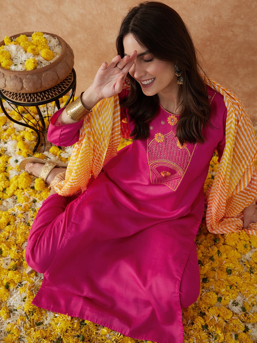 

Sangria Pink & Yellow Yoke Design Embroidered A-Line Kurta With Trouser & Dupatta