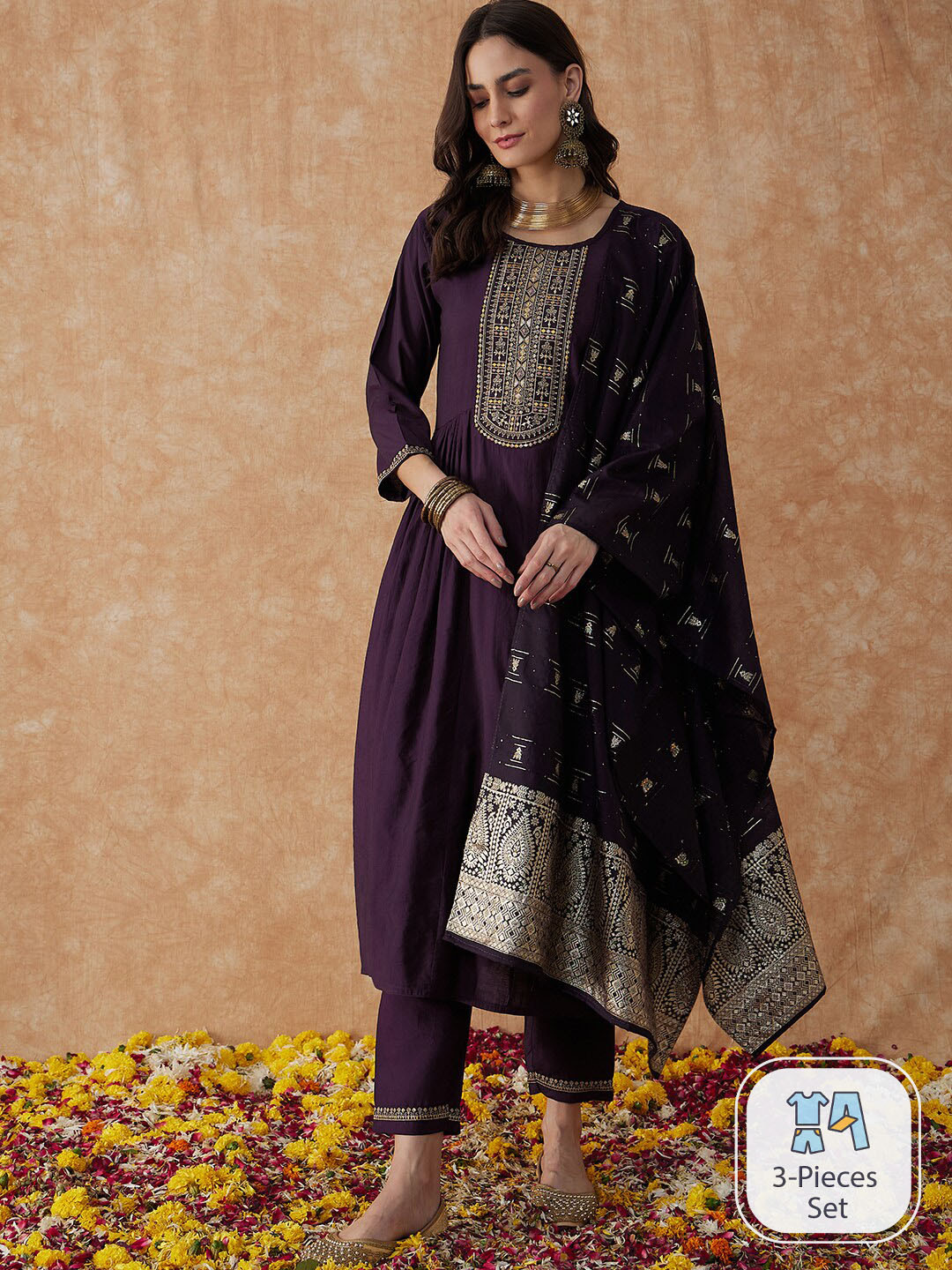 

Sangria Purple Floral Embroidered A-Line Zari Kurta With Trouser & Dupatta