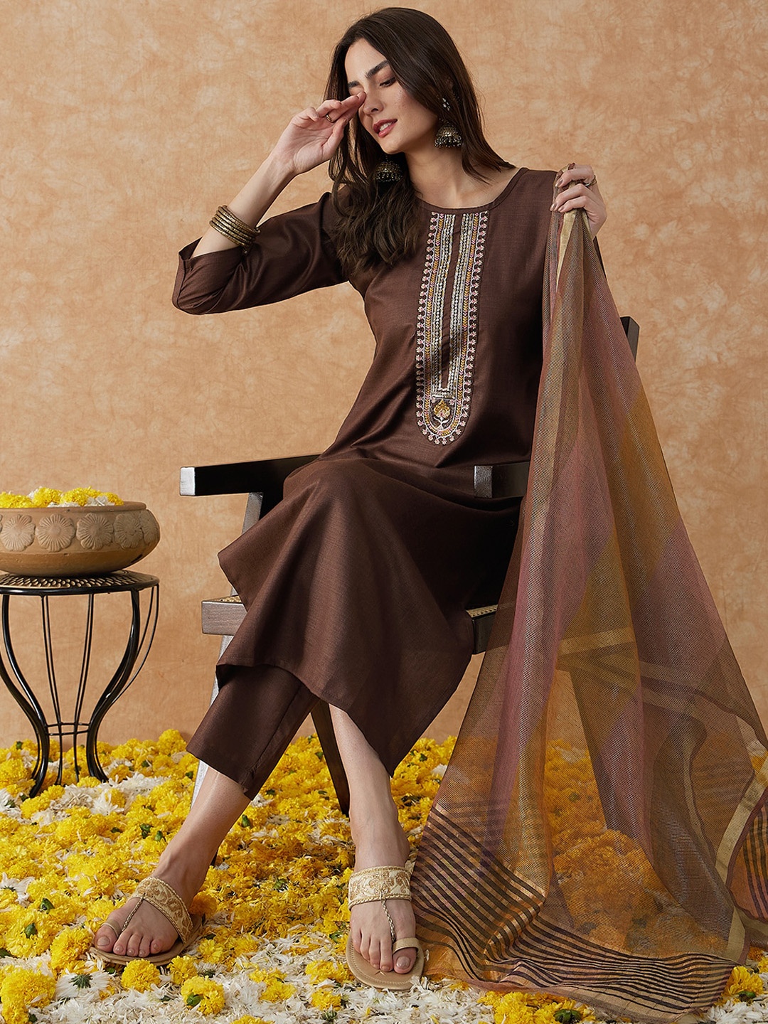 

Sangria Embroidered A-Line Kurta With Trouser & Dupatta, Brown