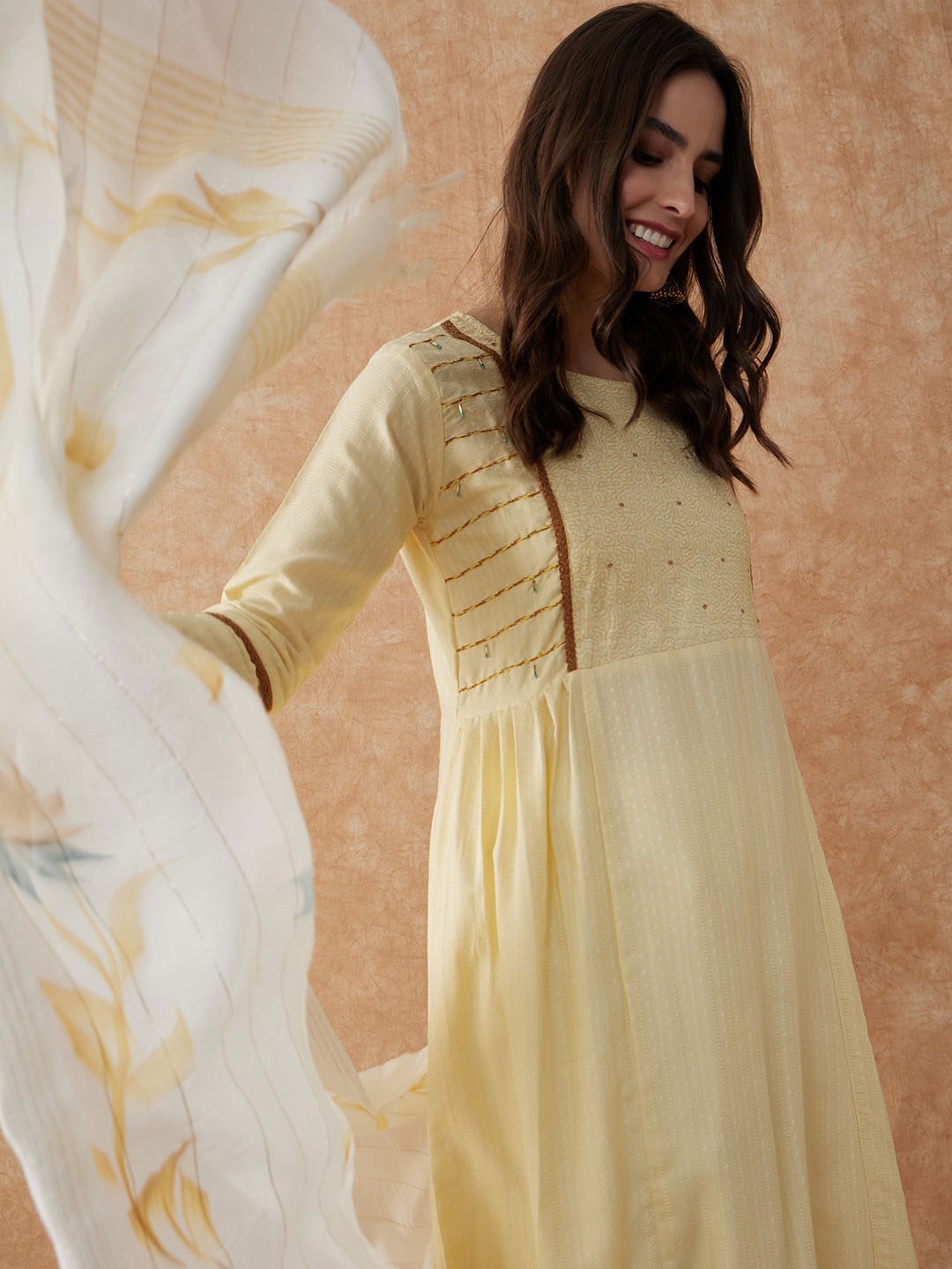 

Sangria Cream-Cloured Ethnic Embroidered A-Line Sequinned Kurta With Trouser & Dupatta