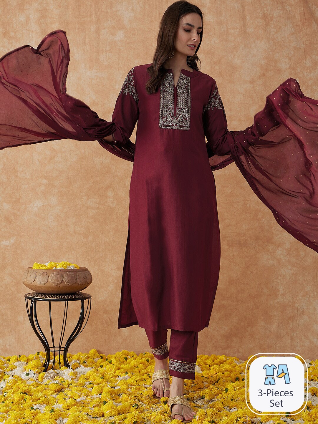 

Sangria Maroon & Silver-Toned Sequinned Embroidered Straight Kurta With Trouser & Dupatta