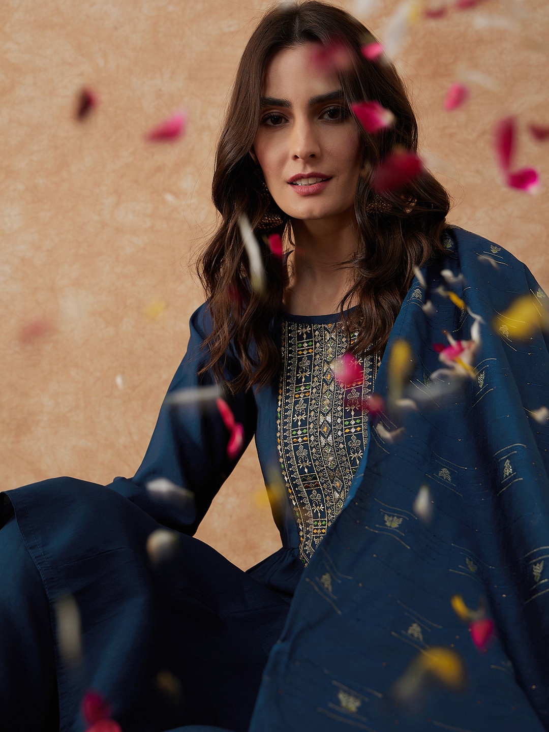 

Sangria Ethnic Motifs Embroidered A-Line Kurta With Trouser & Dupatta Set, Blue