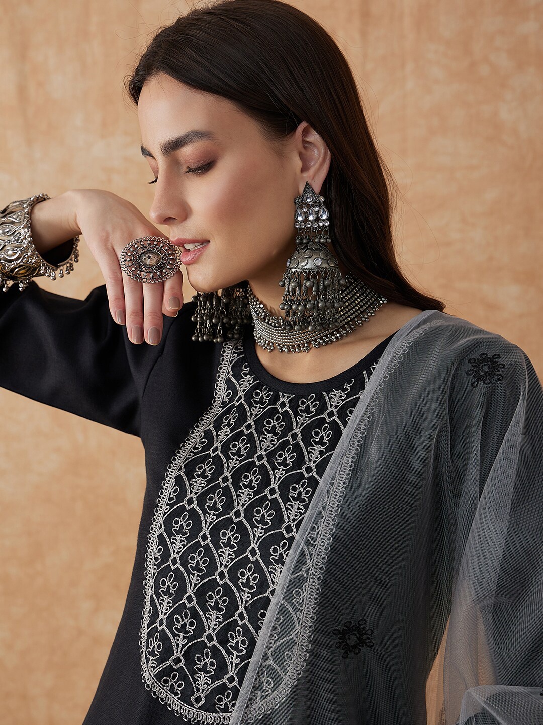 

Sangria Embroidered A-Line Kurta With Trouser & Dupatta, Black