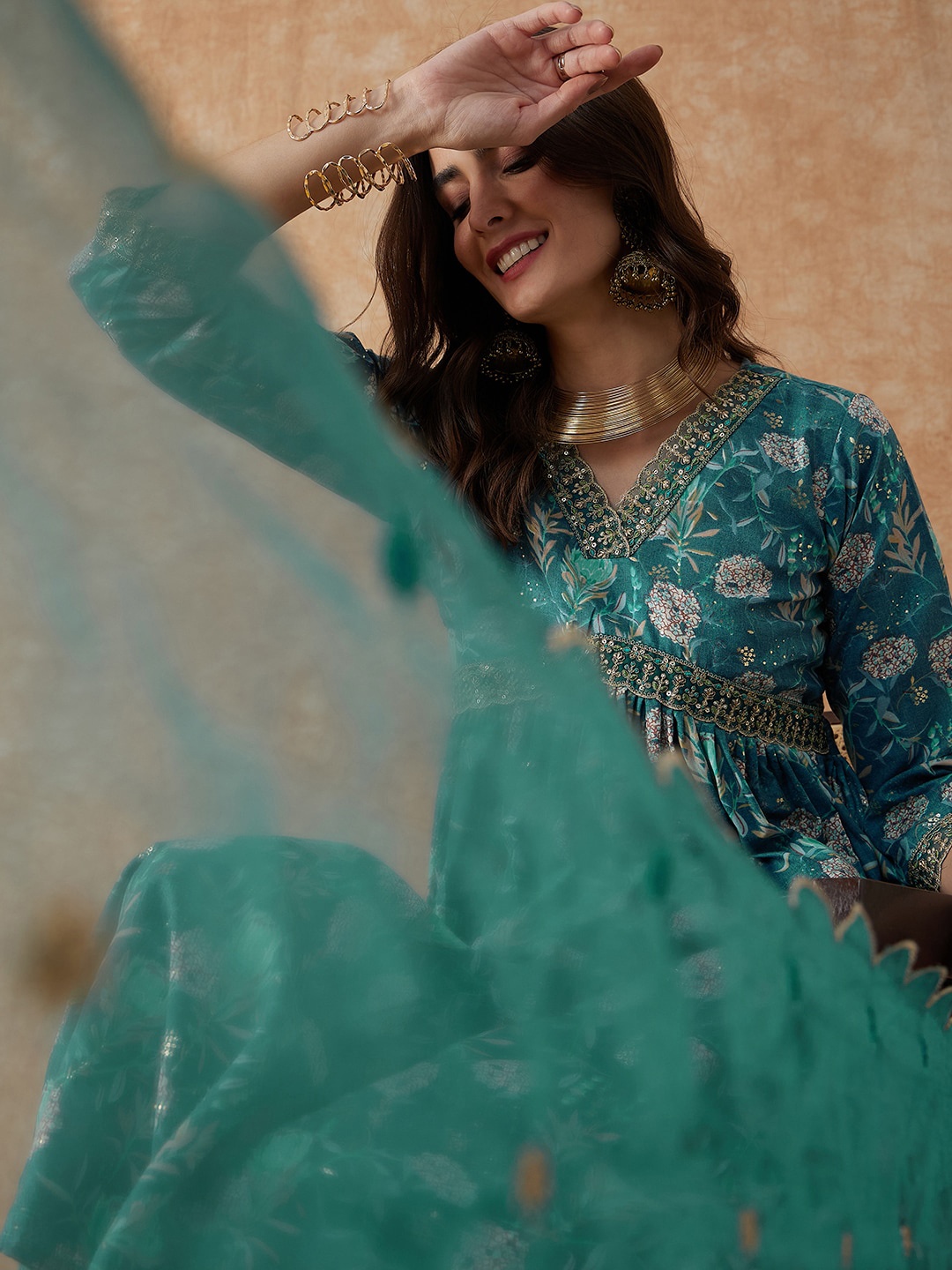 

Sangria Floral Printed & Sequined Empire A-Line Kurta & Trouser With Dupatta, Teal