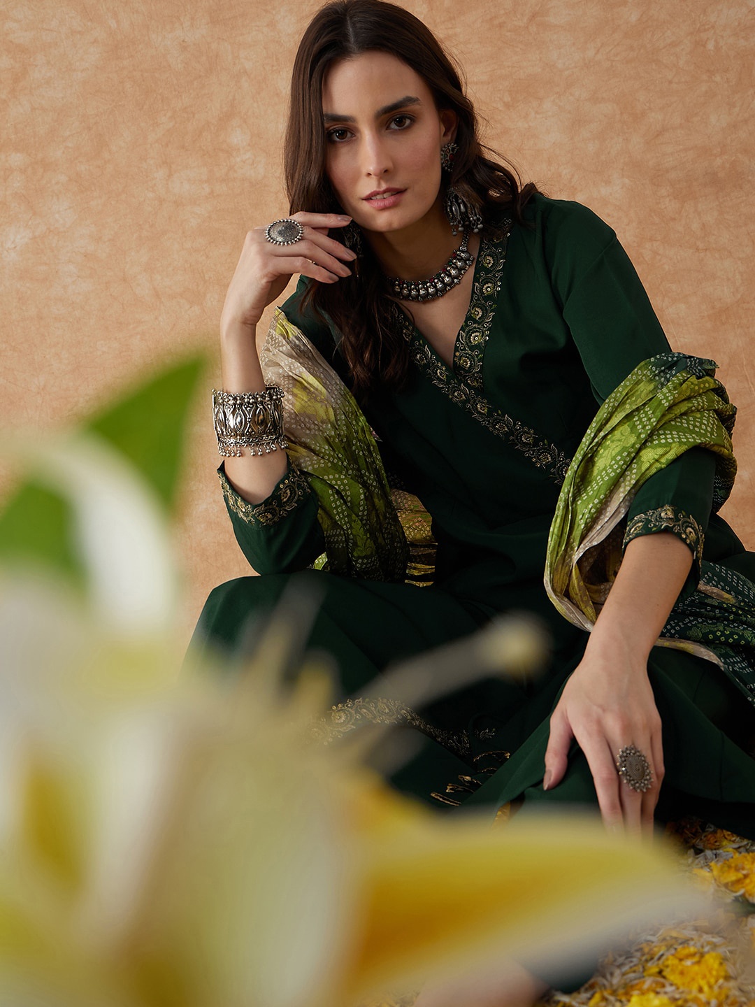 

Sangria Embroidered A-Line Kurta With Trouser & Dupatta, Green
