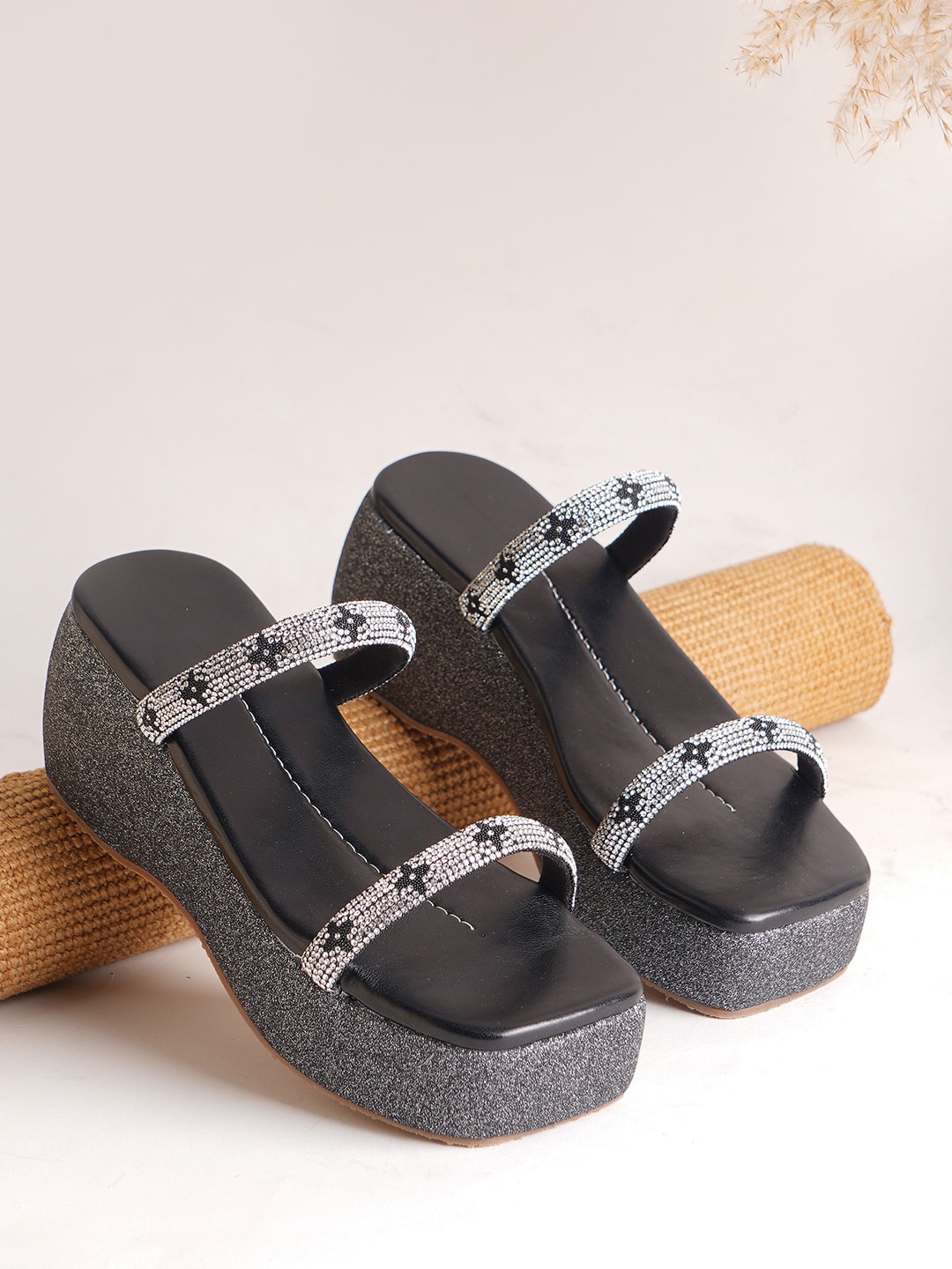 

JM Looks Embellished Flatform Heels, Black