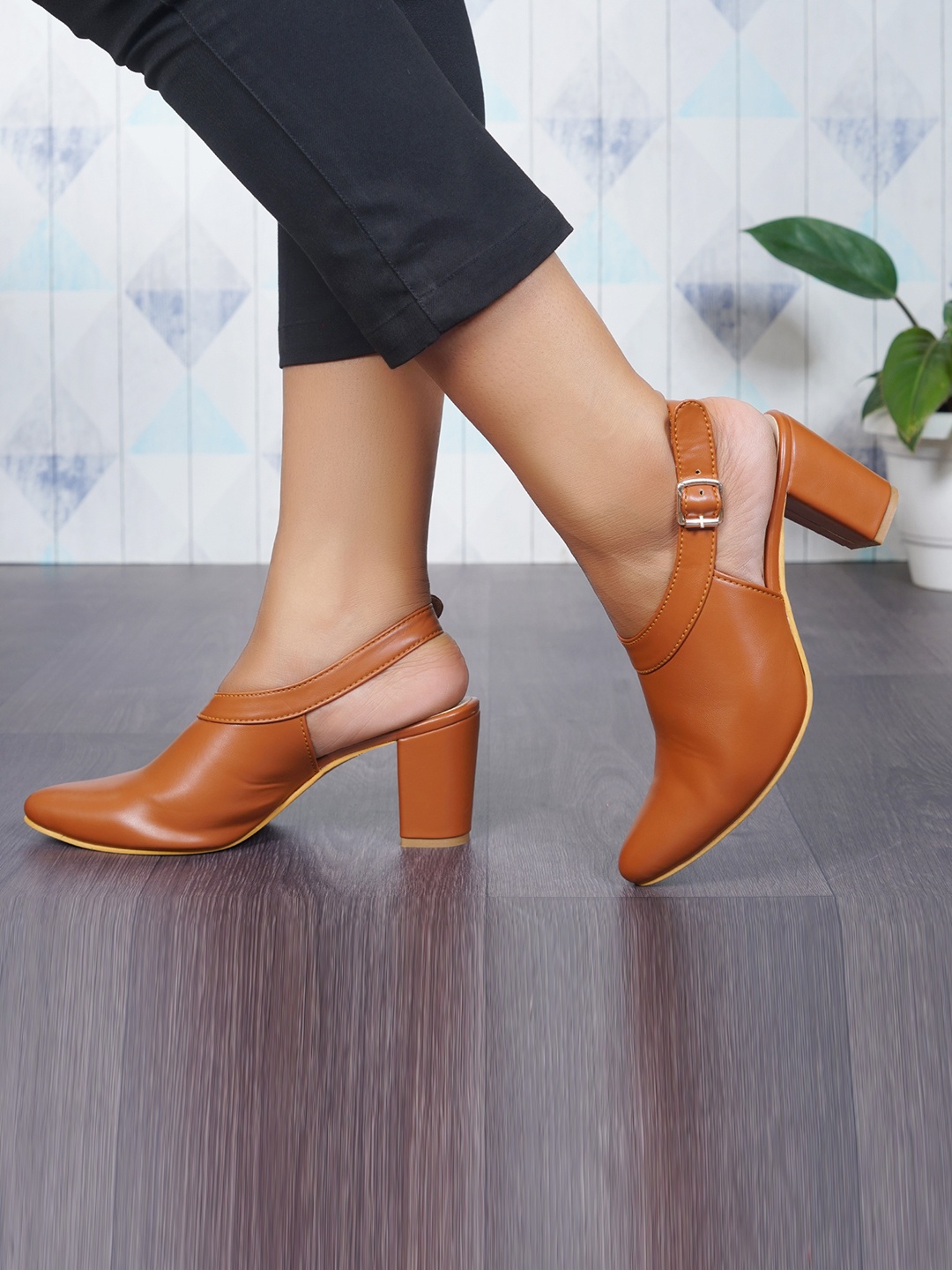 

JM Looks Pointed Toe Block Mules With Buckle Closure, Tan