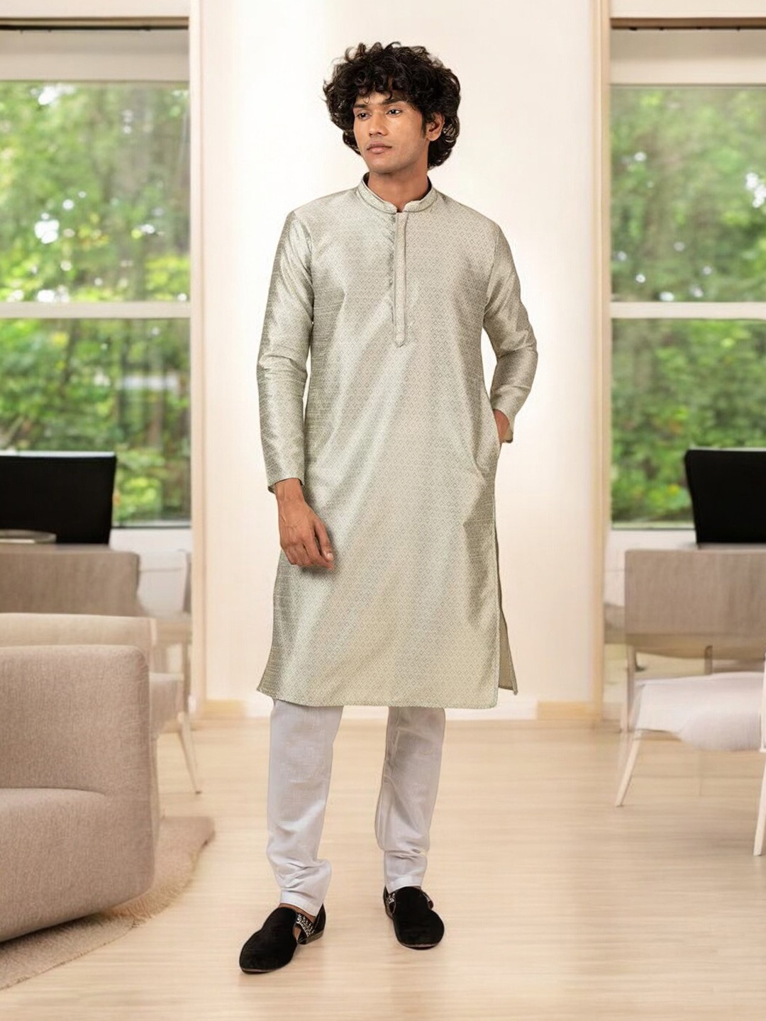 

TATTVA Ethnic Motifs Printed Mandarin Collar Jacquard Kurta with Pyjamas, Grey