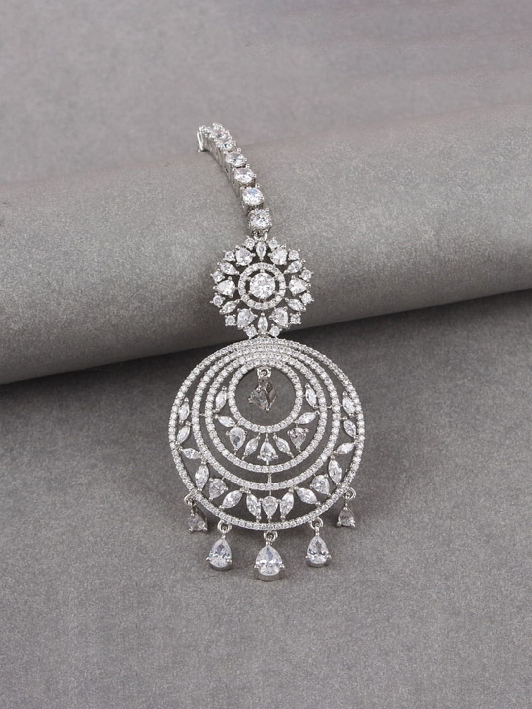 

Mirana Rhodium Plated American Diamond Stone Studded Maangtika, Silver