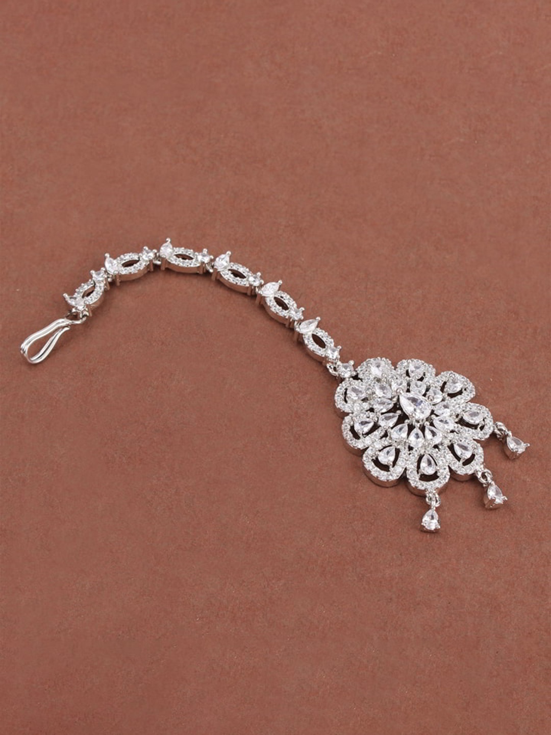 

Mirana Rhodium Plated American Diamond Stone Studded Maangtika, Silver