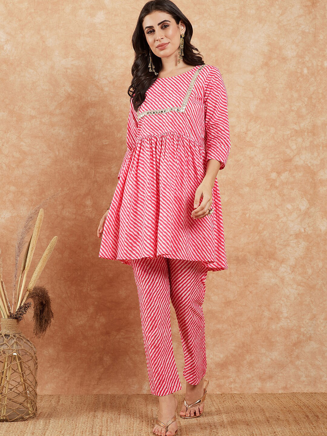 

Sangria Striped Gotta Patti Yoke Pure Cotton Pleated A-Line Kurti With Trouser, Pink