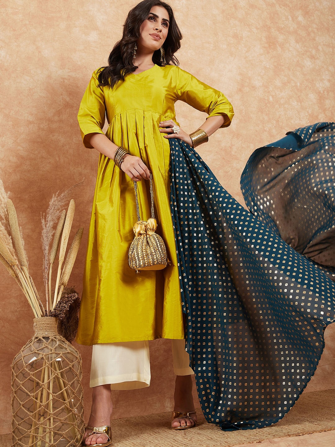 Sangria Yellow V-Neck Anarkali Kurta With Dupatta