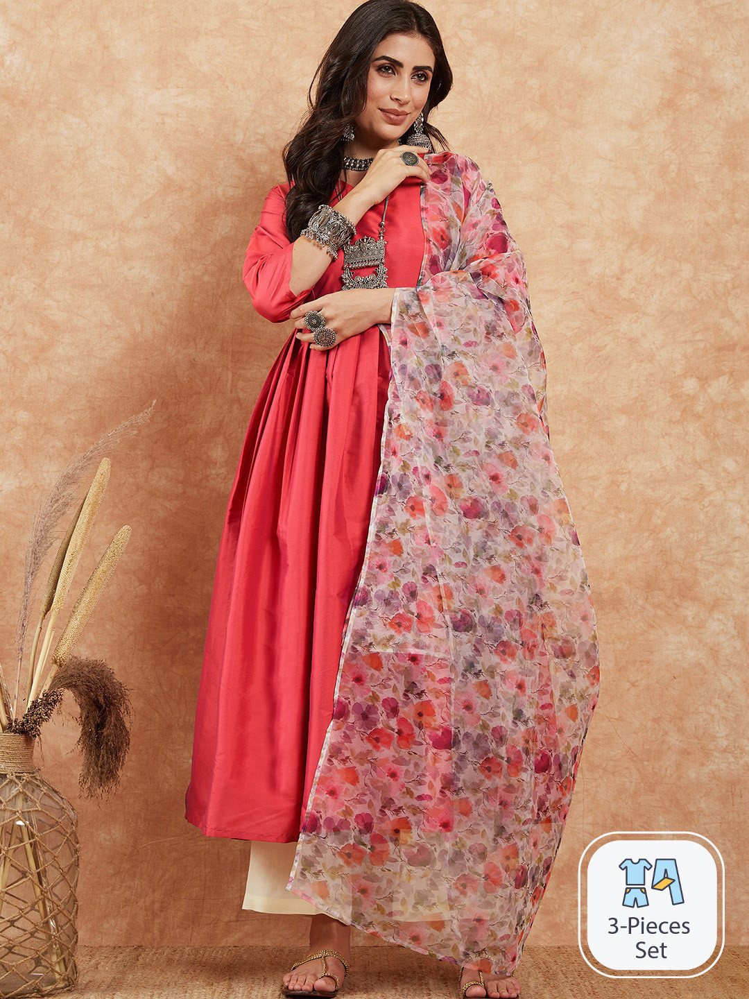 

Sangria Pink V-Neck Anarkali Art Silk Kurta With Dupatta