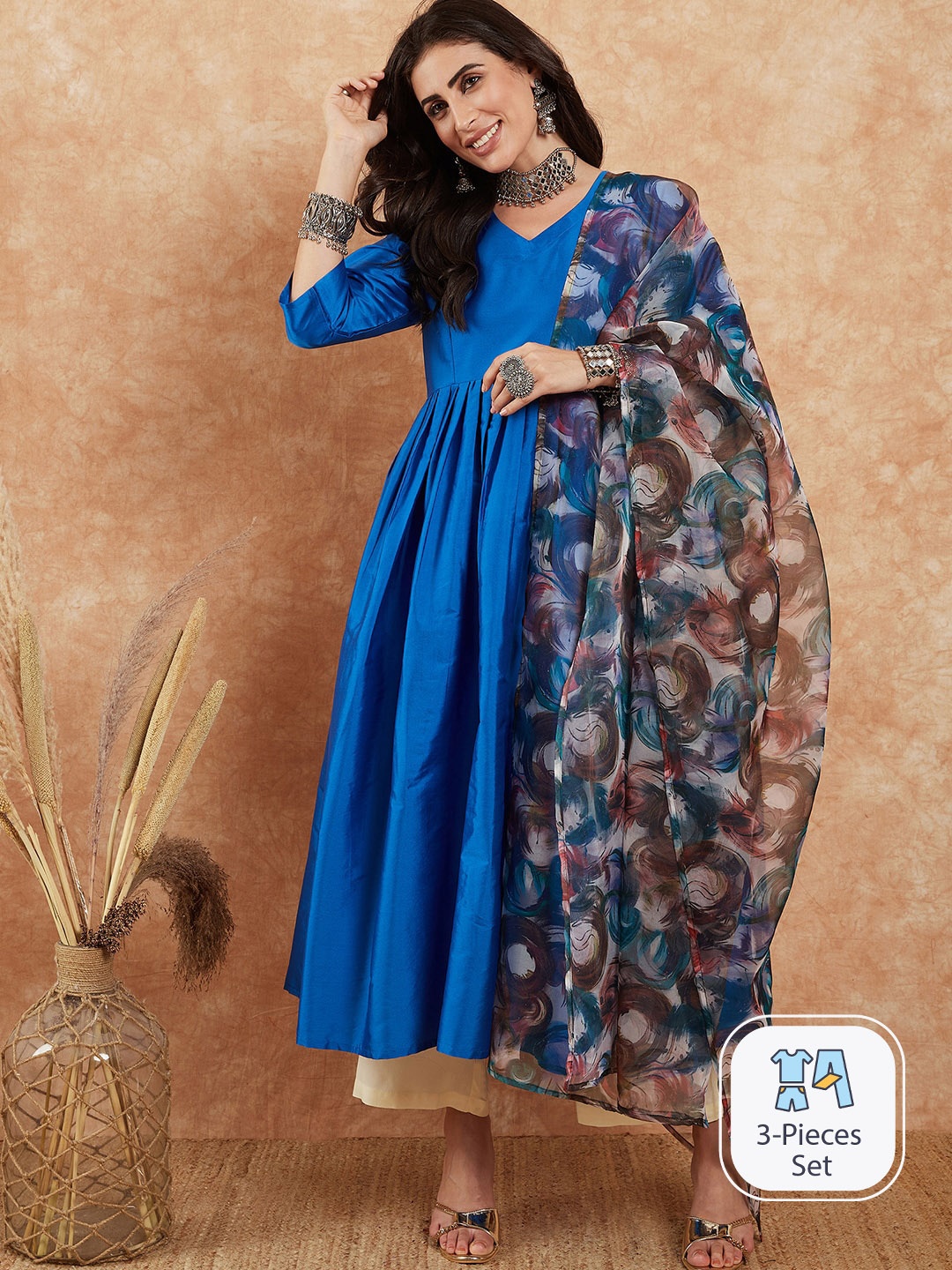 

Sangria Blue V-Neck Anarkali Art Silk Kurta With Dupatta