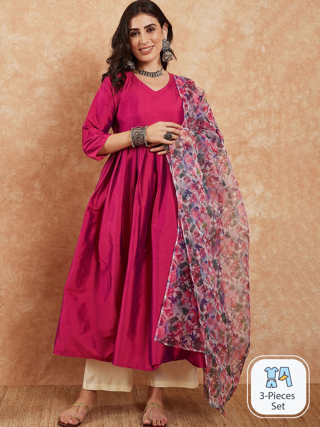 

Sangria Purple V-Neck Anarkali Art Silk Kurta With Dupatta