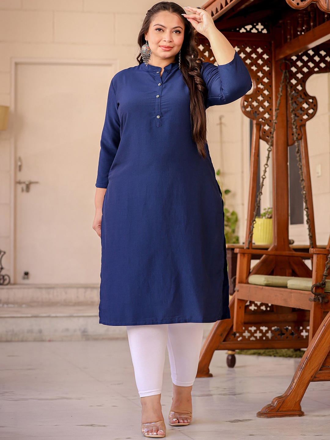 Yufta Plus Size Mandarin Collar Kurta, Blue
