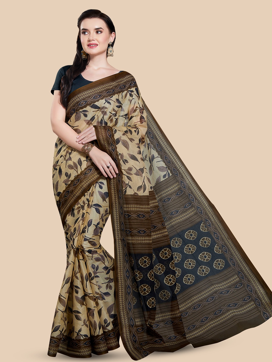 

Rani Saahiba Floral Printed Pure Cotton Block Print Saree, Beige