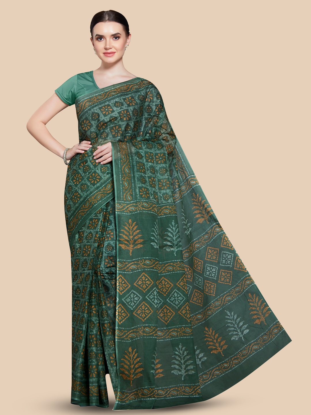 

Rani Saahiba Ethnic Motifs Printed Pure Cotton Block Print Saree, Green