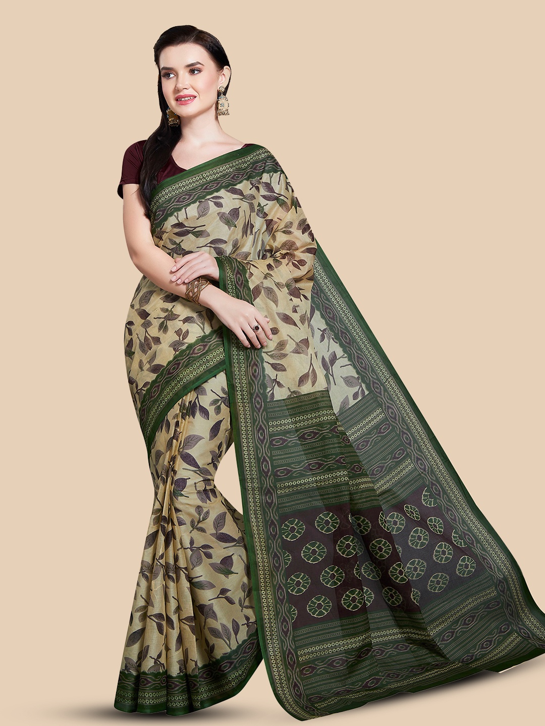 

Rani Saahiba Floral Printed Pure Cotton Block Print Saree, Beige