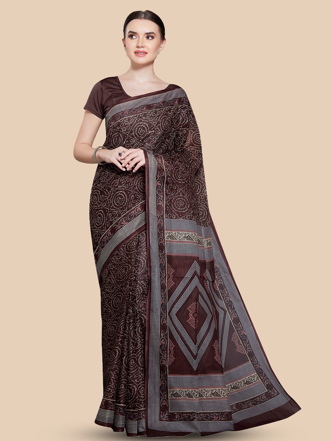 

Rani Saahiba Bandhani Printed Pure Cotton Saree, Brown