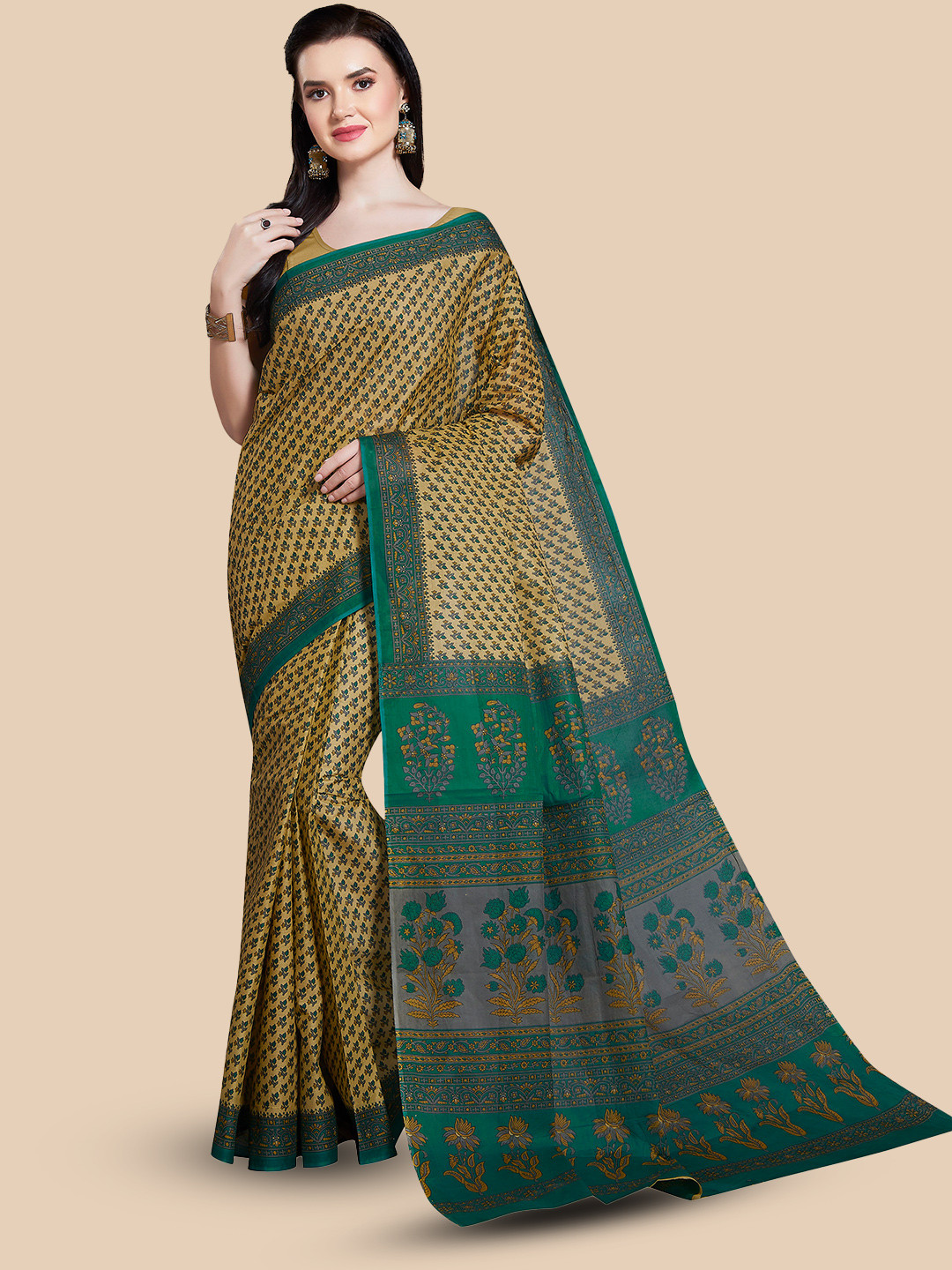 

Rani Saahiba Floral Printed Pure Cotton Block Print Saree, Yellow
