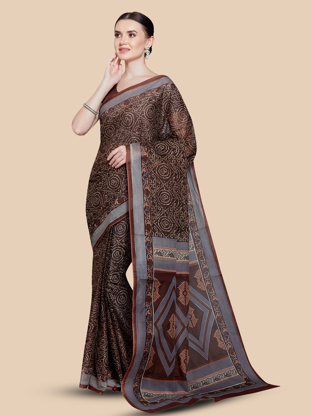 

Rani Saahiba Bandhani Printed Pure Cotton Bandhani Saree, Brown