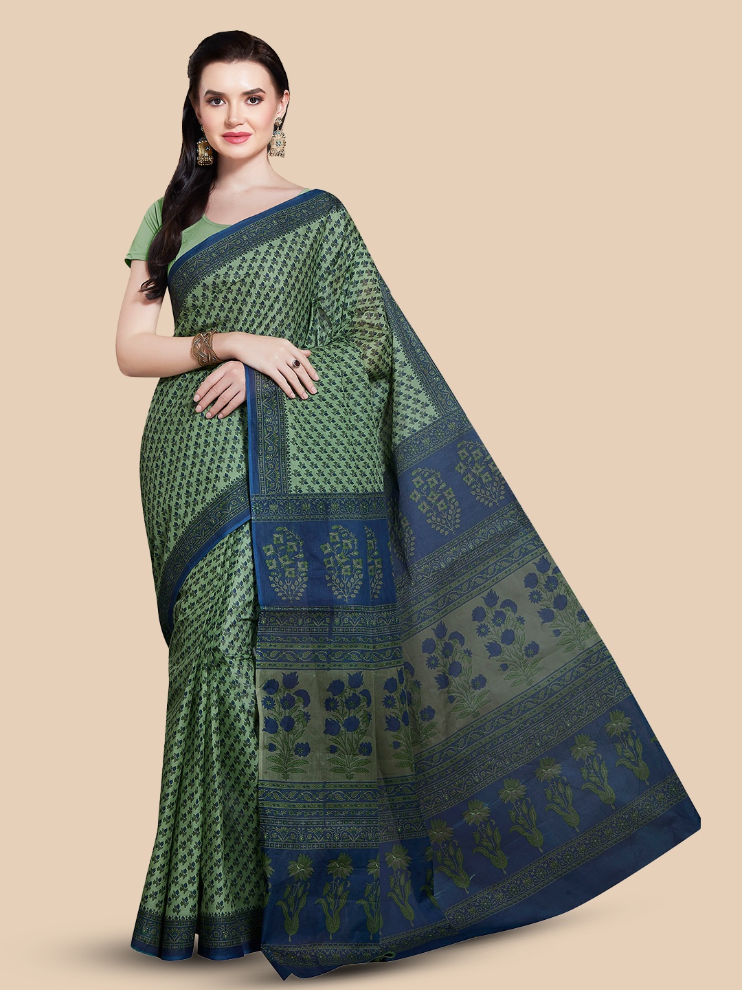 

Rani Saahiba Floral Printed Pure Cotton Block Print Saree, Green