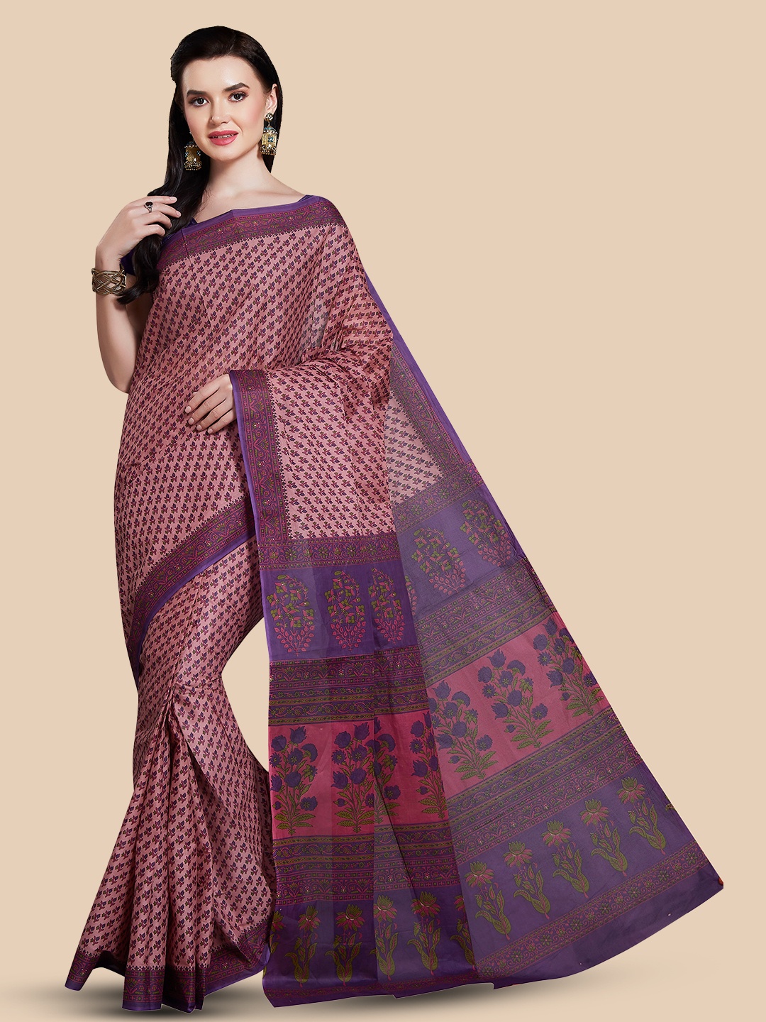 

Rani Saahiba Floral Printed Pure Cotton Saree, Pink