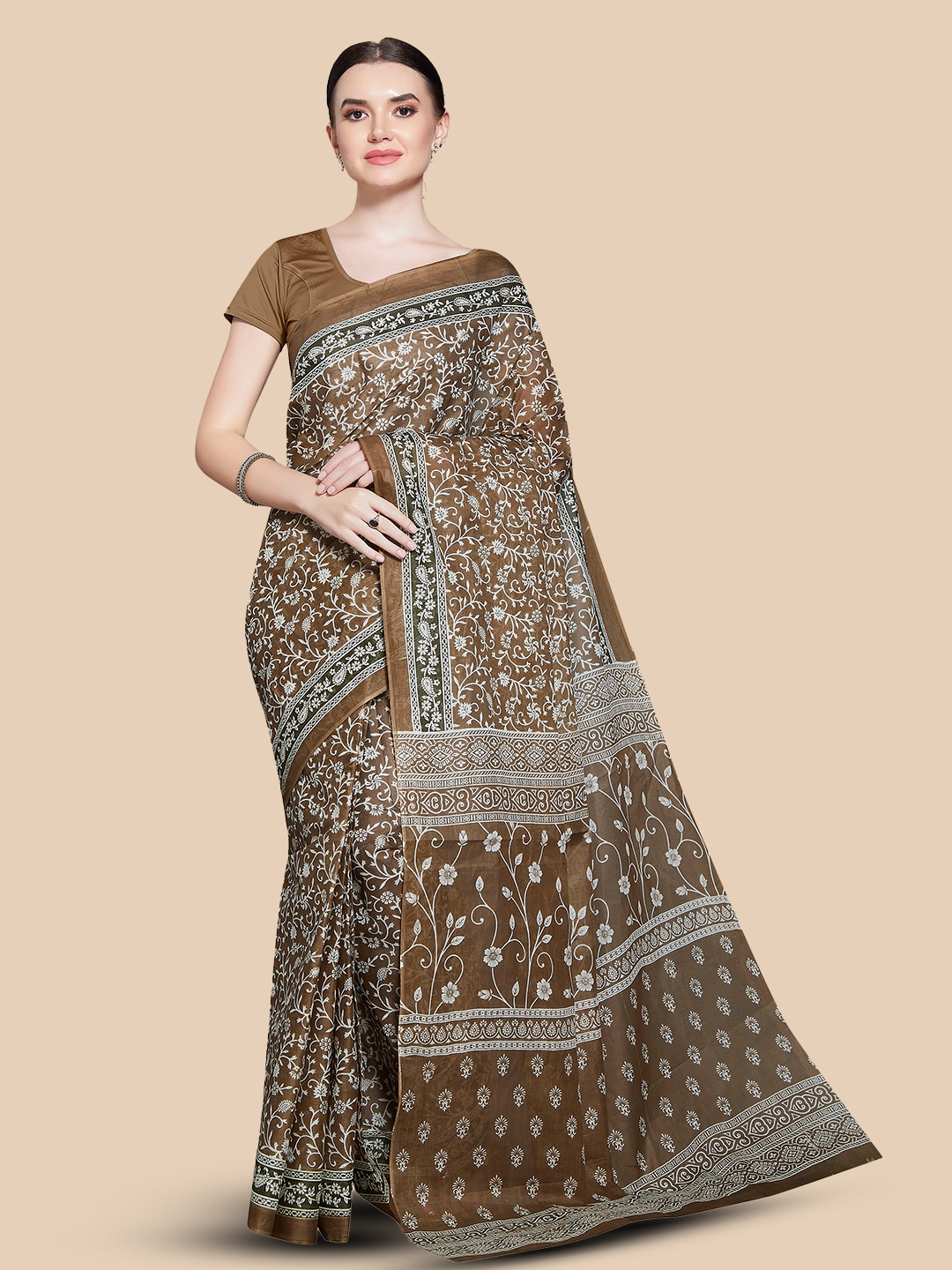 

Rani Saahiba Floral Printed Pure Cotton Block Print Saree, Brown