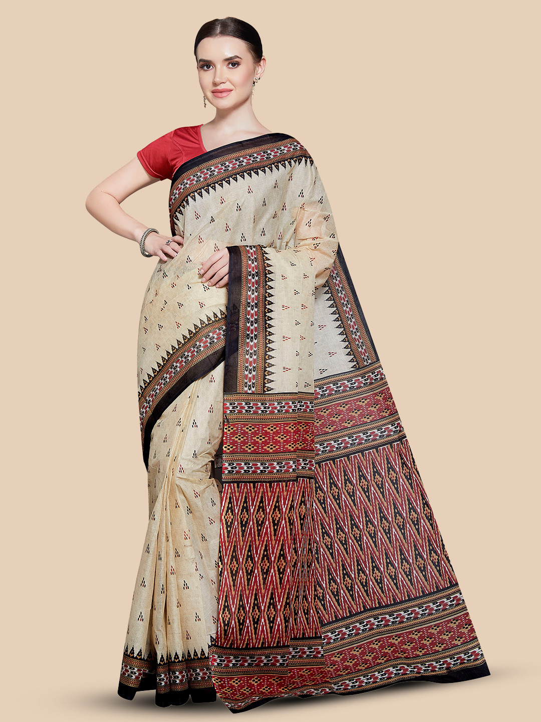 

Rani Saahiba Ethnic Motifs Printed Pure Cotton Sambalpuri Saree, Beige