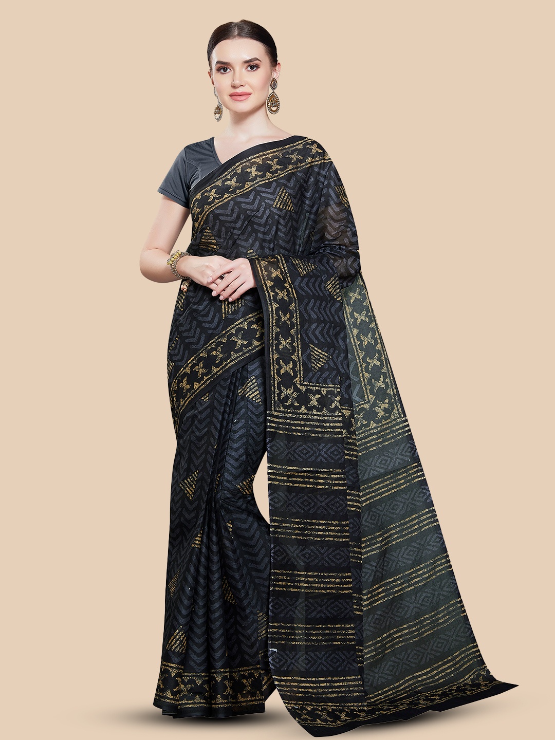 

Rani Saahiba Geometric Printed Pure Cotton Block Print Saree, Black
