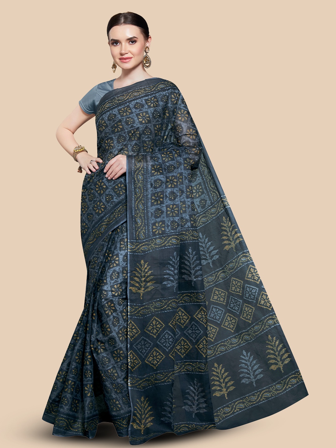 

Rani Saahiba Ethnic Motifs Printed Pure Cotton Saree, Grey