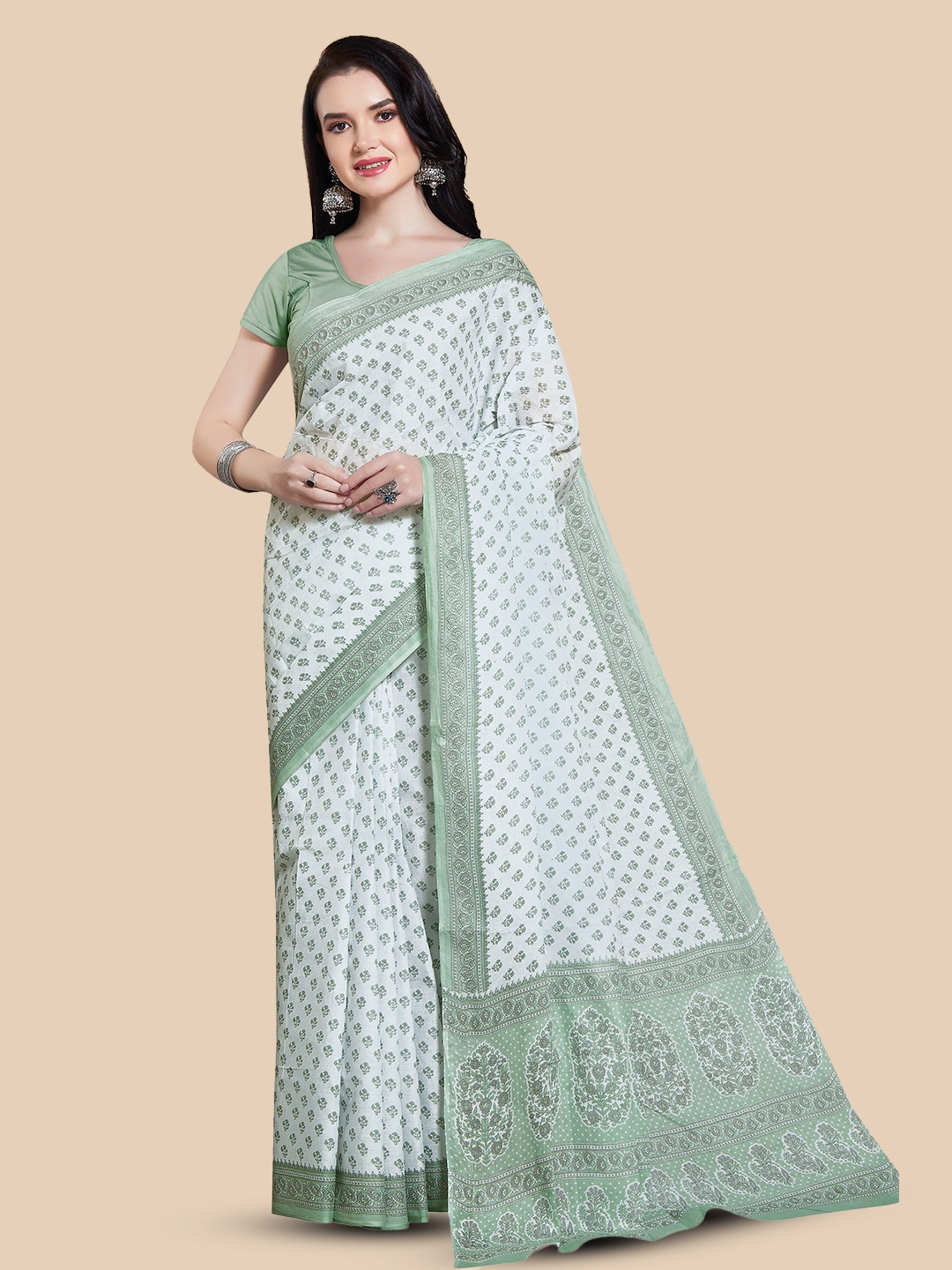 

Rani Saahiba Floral Pure Cotton Block Print Saree, White
