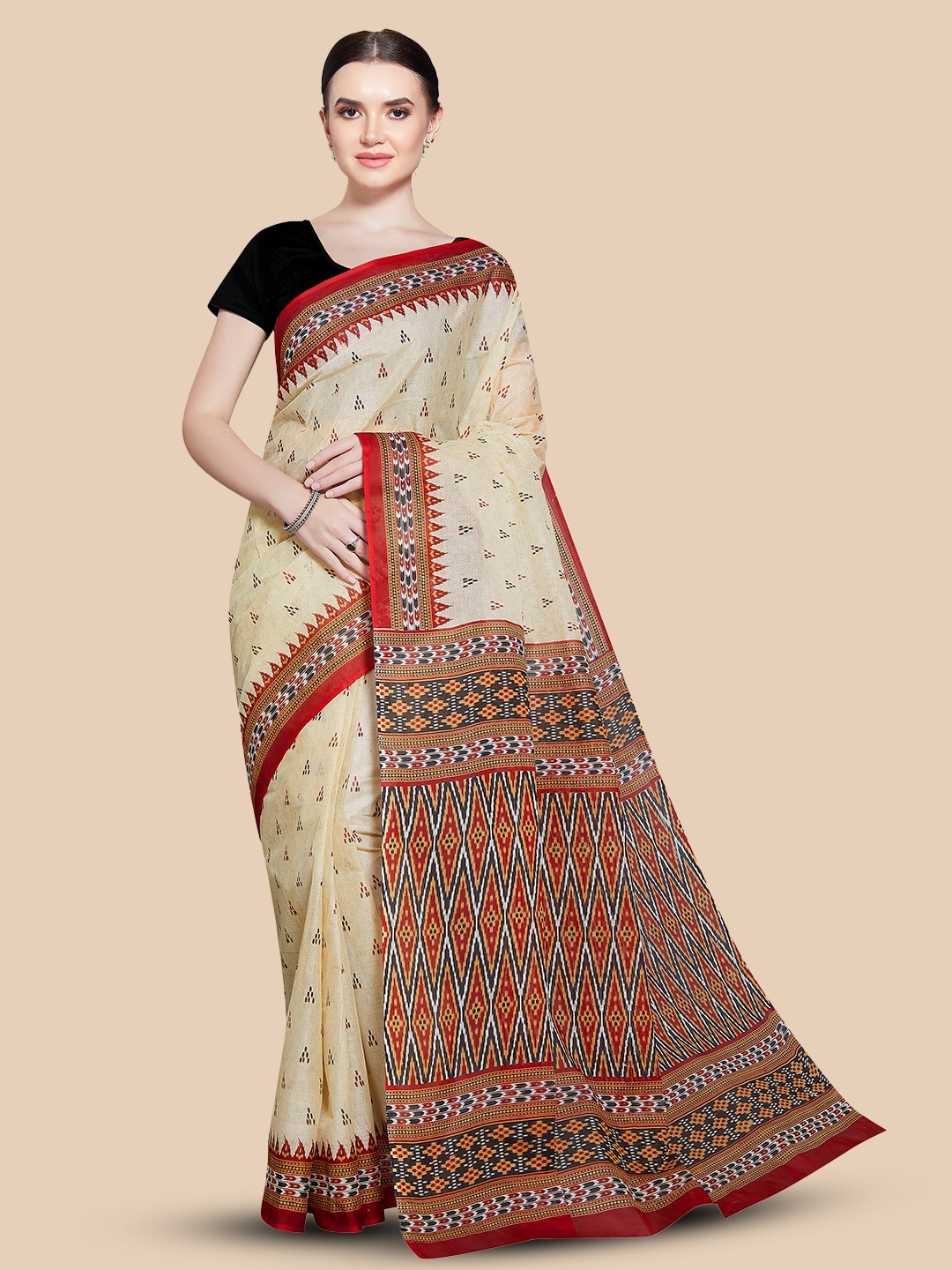 

Rani Saahiba Ethnic Motifs Printed Pure Cotton Saree, Beige