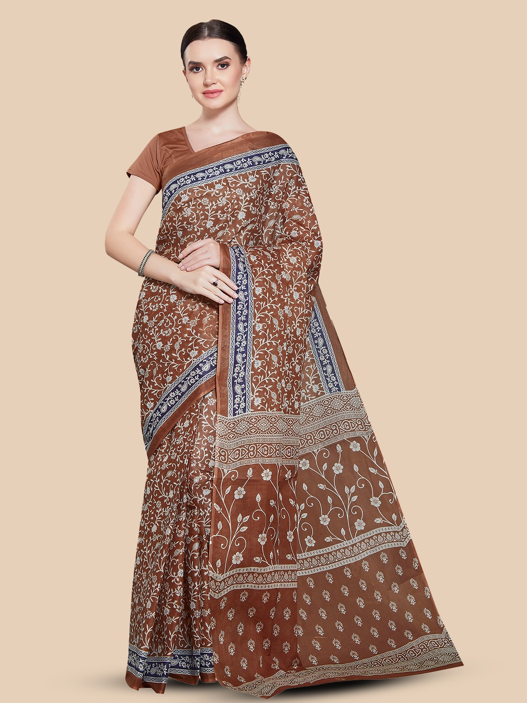 

Rani Saahiba Floral Printed Pure Cotton Block Print Saree, Brown