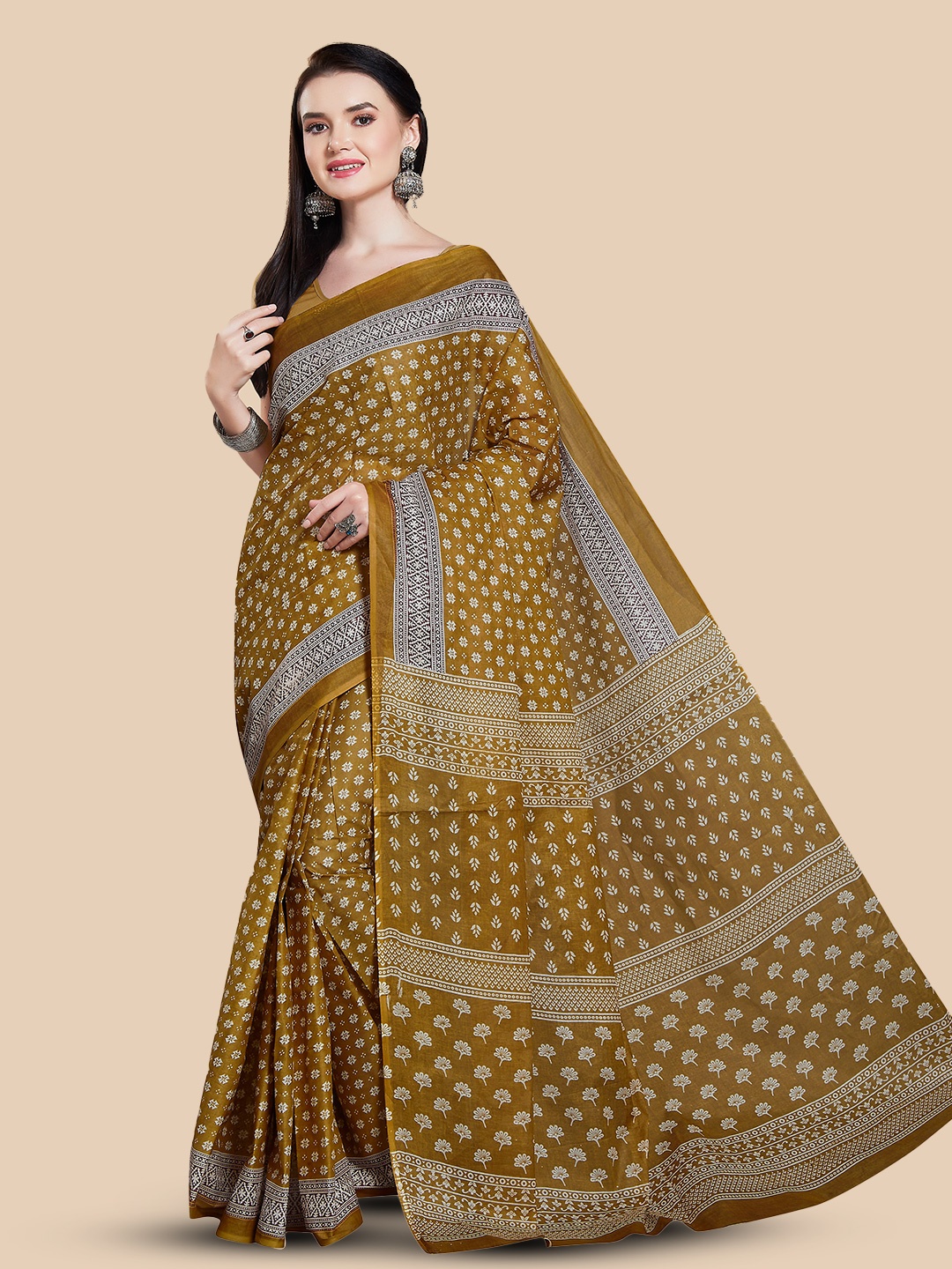 

Rani Saahiba Ethnic Motifs Printed Pure Cotton Block Print Saree, Mustard