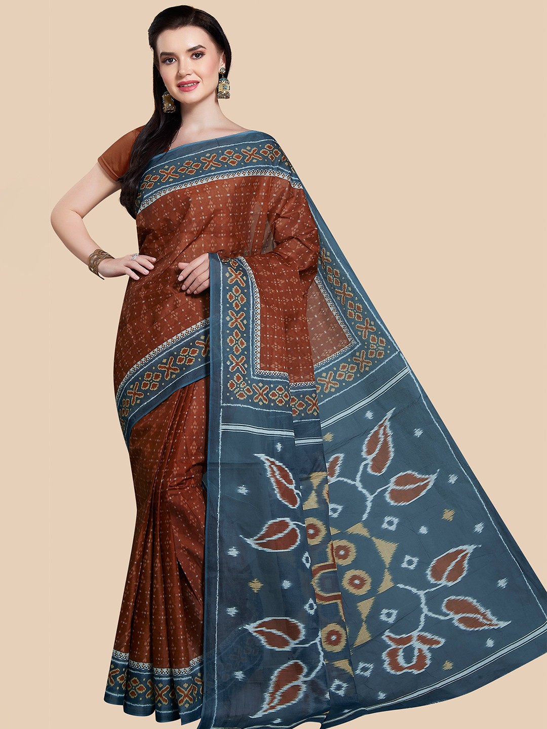 

Rani Saahiba Ethnic Motifs Printed Pure Cotton Sambalpuri Saree, Brown