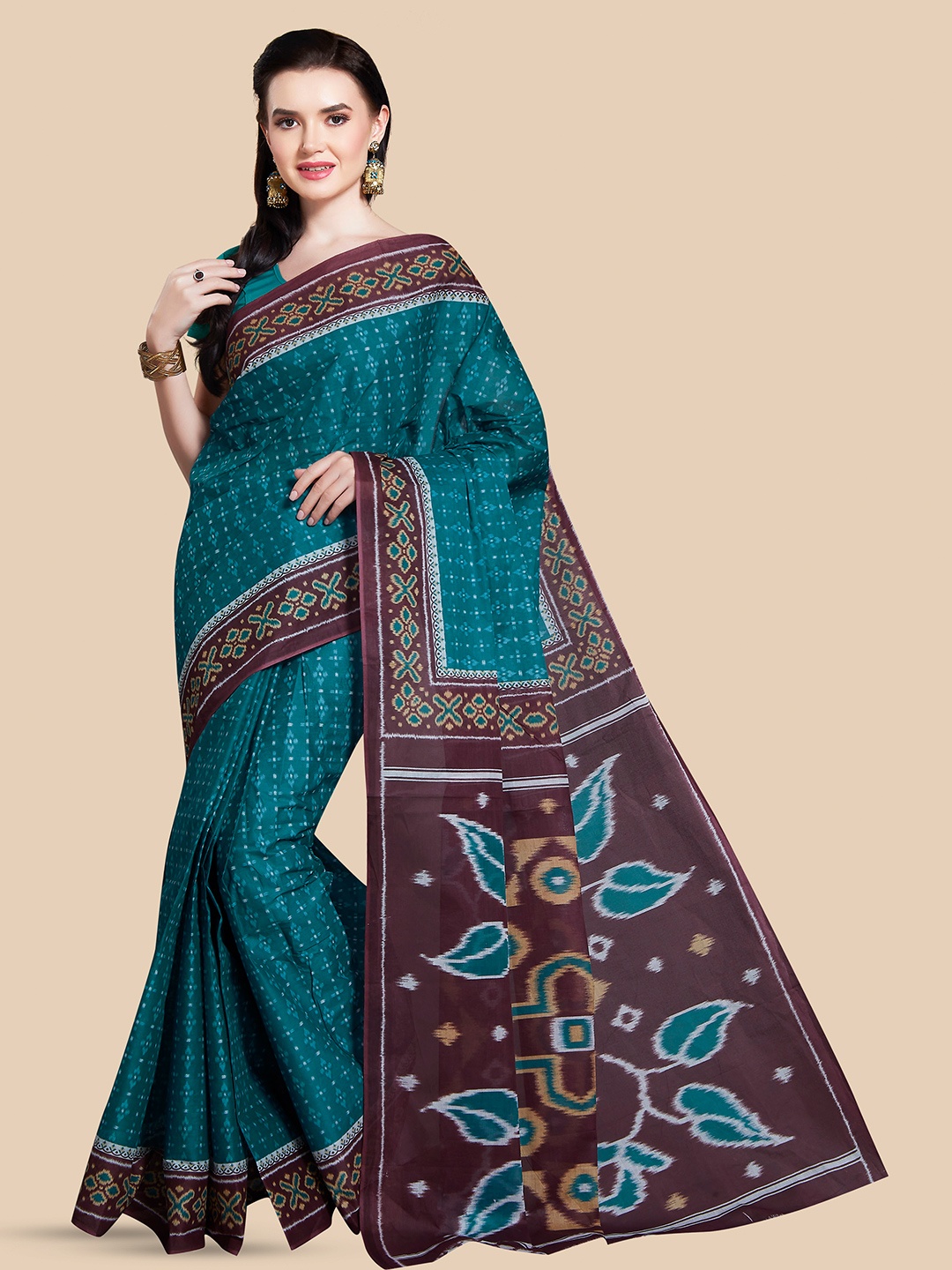

Rani Saahiba Ethnic Motifs Printed Pure Cotton Sambalpuri Saree, Turquoise blue
