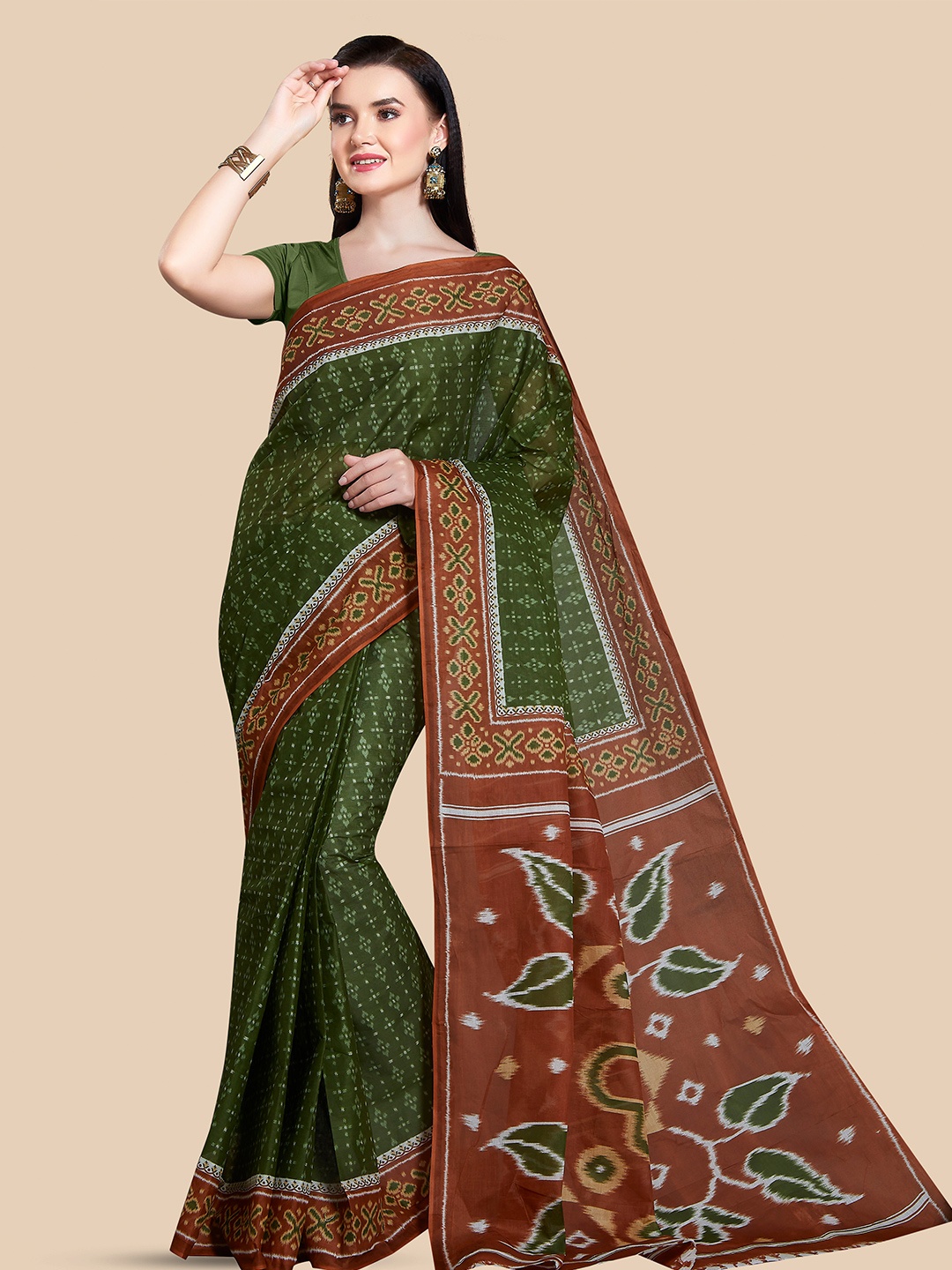 

Rani Saahiba Ethnic Motifs printed Pure Cotton Sambalpuri Saree, Green