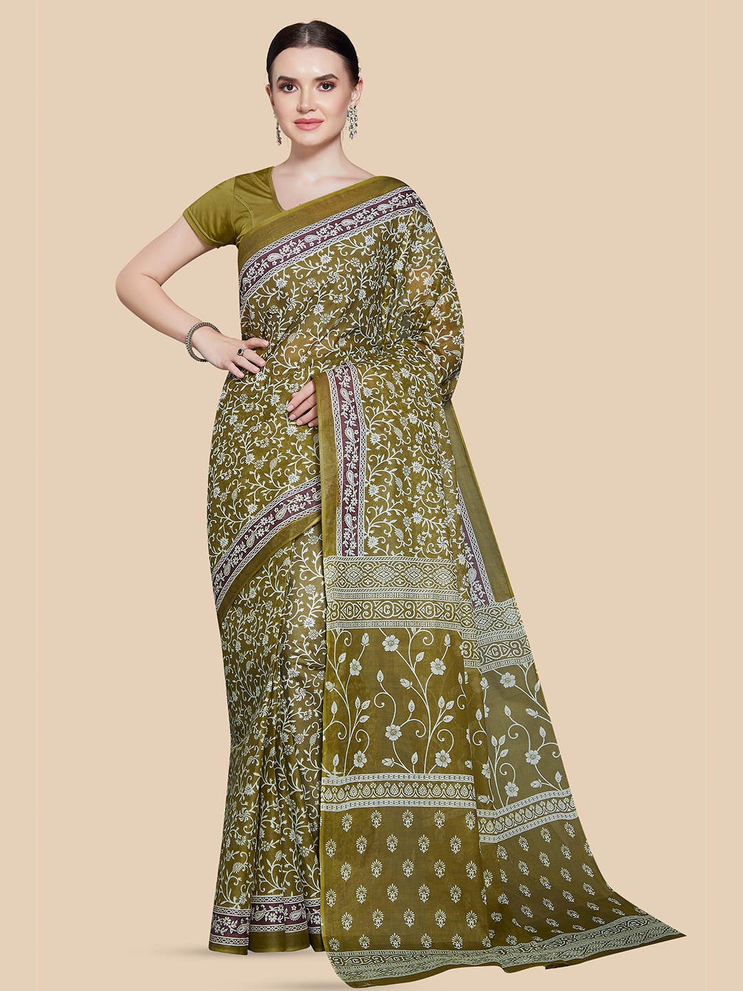 

Rani Saahiba Ethnic Motifs Printed Pure Cotton Block Print Saree, Green